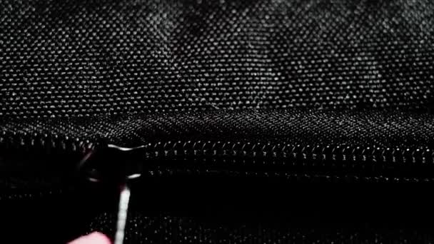 Buttoning Black Zippers Closeup Black Fabric Material Texture Macro Zipper — Stock Video