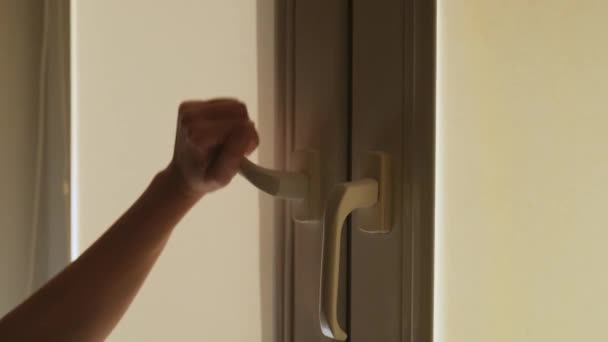 Woman Hand Opens Window Airing Window Interior Darkened Roller Blinds — Stock Video