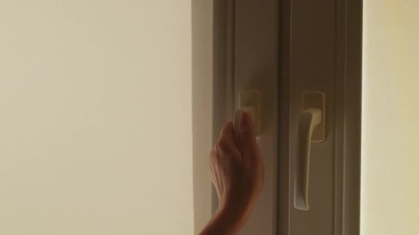 Window Interior Darkened Roller Blinds Open Airing Woman Hand Opens — Stock Video