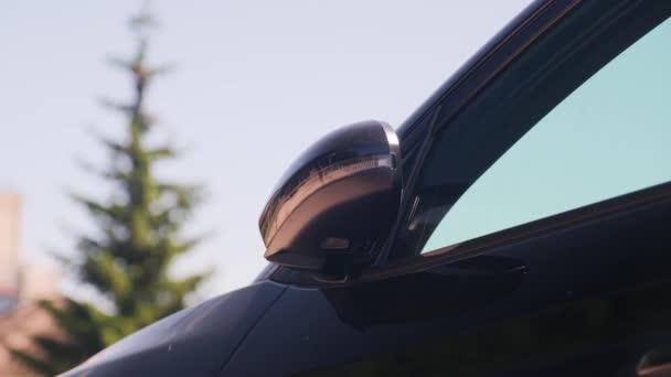 Espelho Retrovisor Carro Abre Lentamente Sinal Volta Pisca Vista Ângulo — Vídeo de Stock