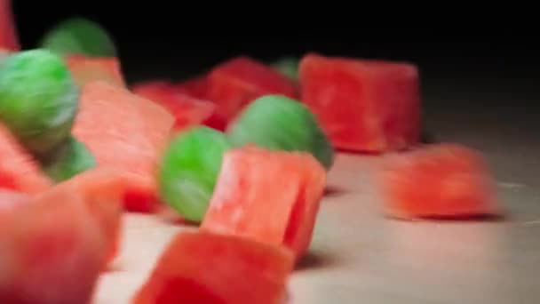 Slices Frozen Vegetables Poured Wooden Table Closeup Frozen Green Peas — Stock Video