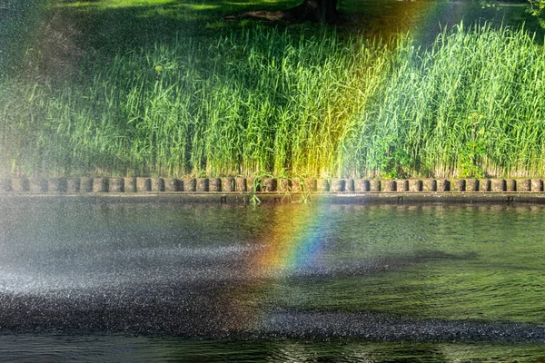 Mooie Regenboog Regen Rivier Openbaar Stadspark — Stockfoto