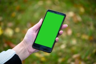 Düşen sonbahar yapraklarının arka planında yeşil ekran olan modern bir telefonu elinde tutan bir kadın..