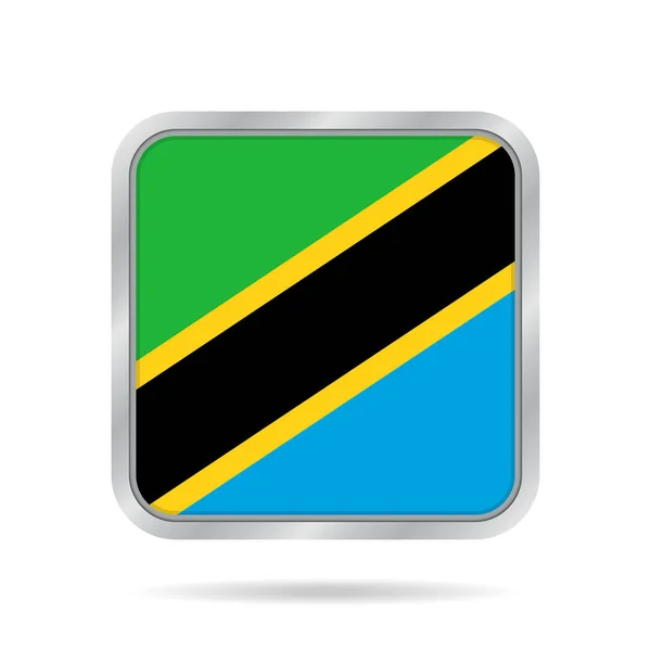 Nationalflagge Von Tansania Metallisch Glänzende Graue Quadratische Taste Mit Schatten — Stockvektor