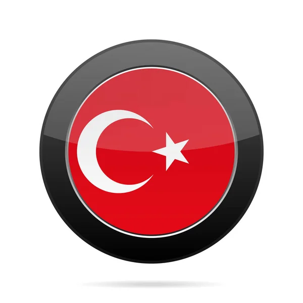 Bandiera Nazionale Della Turchia Pulsante Rotondo Nero Lucido Con Ombra — Vettoriale Stock