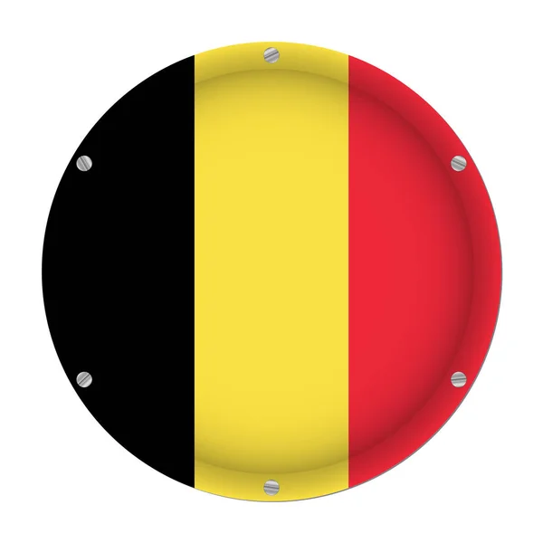 Runde Metallische Flagge Belgiens Mit Sechs Schrauben Vor Weißem Hintergrund — Stockvektor