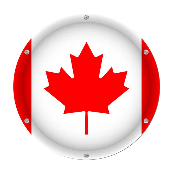 Runda Metallic Flagga Kanada Med Sex Skruvar Framför Vit Bakgrund — Stock vektor