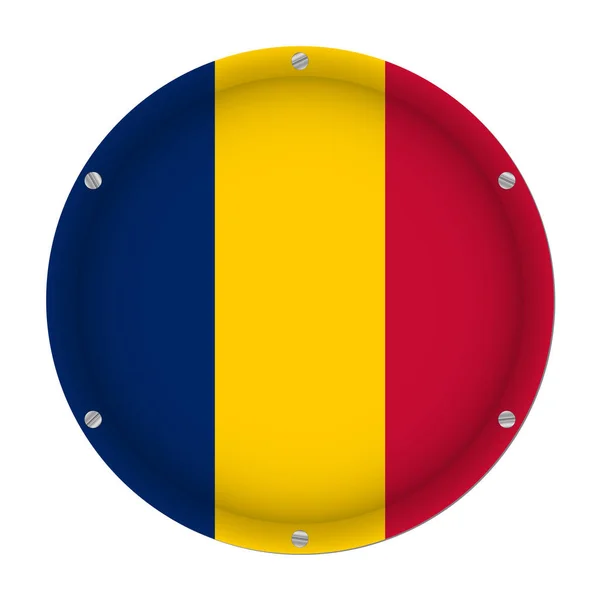 Bandera Metálica Redonda Chad Con Seis Tornillos Delante Fondo Blanco — Vector de stock