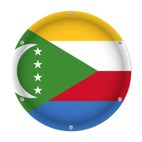 Bandera Metálica Redonda Comoras Con Seis Tornillos Delante Fondo Blanco — Vector de stock