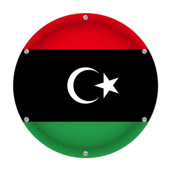 Круглі Металеві Прапор Лівії Шести Гвинти Перед Білим Тлом — стоковий вектор
