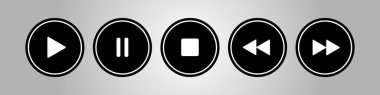 siyah, beyaz yuvarlak müzik kontrol düğmeleri - Gümüş arka plan önünde beş icons set