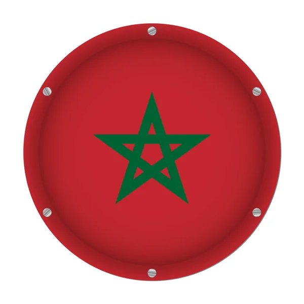 Runde Metallische Flagge Marokkos Mit Sechs Schrauben Vor Weißem Hintergrund — Stockvektor