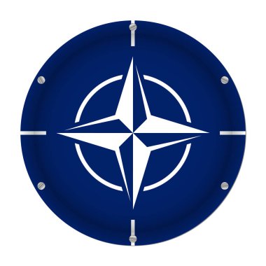 Kuzey Atlantik Antlaşması Örgütü Metalik bayrak beyaz arka plan önünde altı vidalar ile yuvarlak