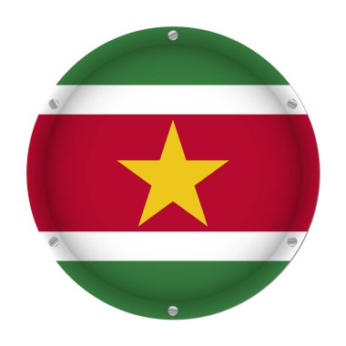 Surinam Metalik bayrak beyaz arka plan önünde altı vidalar ile yuvarlak
