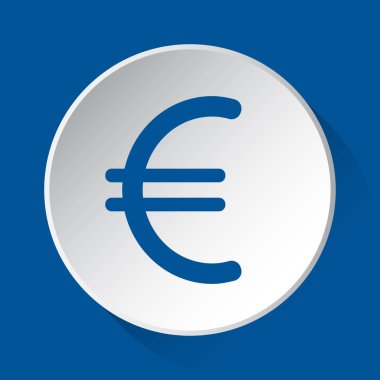 Euro para birimi simgesini - mavi simgesine basit: gölgeli mavi kare arka plan önünde beyaz düğmesi