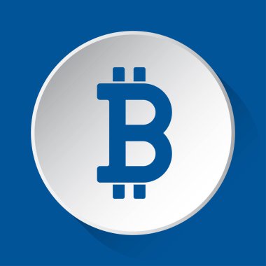Bitcoin kripto para birimi simgesi - mavi simgesine basit: gölgeli mavi kare arka plan önünde beyaz düğmesi