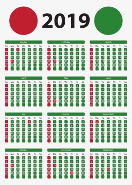 ABD dikey takvim 2019, 5 x 7 inç - resmi tatil ve olmayan iş günü, hafta Pazar günü başlar.