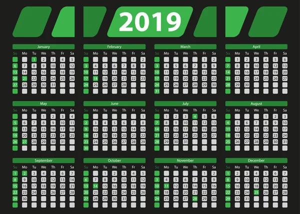 Ηπα Οριζόντια Ημερολόγιο 2019 Ίντσες Επίσημες Αργίες Και Εργάσιμες Ημέρες — Διανυσματικό Αρχείο