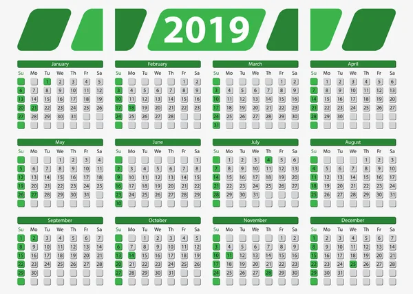 ABD yatay takvim 2019, 5 x 7 inç - resmi tatil ve olmayan iş günü, hafta Pazar günü başlar.