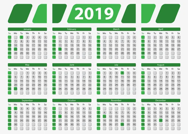 Usa Horisontella Kalender 2019 Tum Officiella Helgdagar Och Icke Arbetsdagar Vektorgrafik