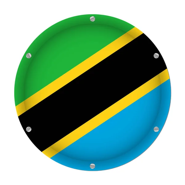 Runde Metallische Flagge Von Tansania Mit Sechs Schrauben Vor Weißem — Stockvektor