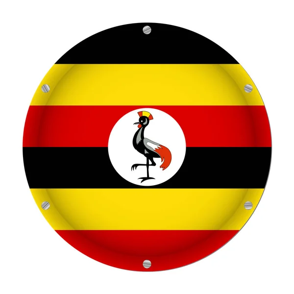 Runde Metallische Flagge Von Uganda Mit Sechs Schrauben Vor Weißem — Stockvektor