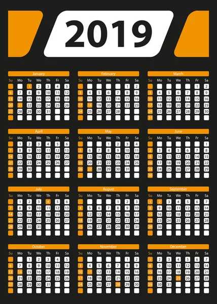 Calendario Vertical 2019 5X7 Pulgadas Días Festivos Oficiales Días Laborables — Vector de stock