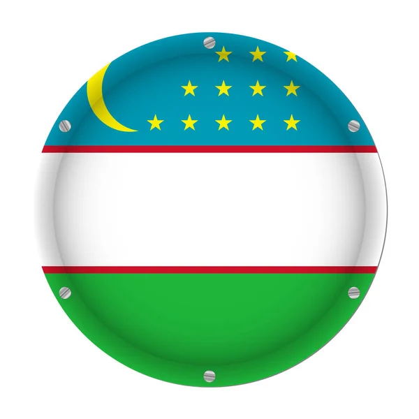 Круглі Металеві Прапор Узбекистану Шести Гвинти Перед Білим Тлом — стоковий вектор