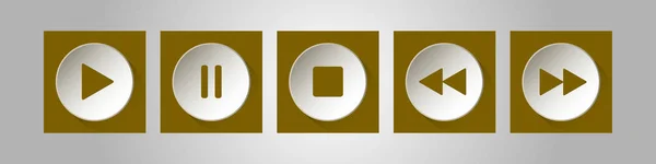 Набор Кнопок Управления Золотой Белой Квадратной Музыкой Пять Иконок Тенями — стоковый вектор