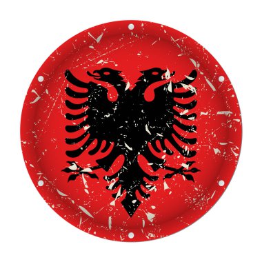 Arnavutluk - metalik çizilmiş bayrak beyaz arka plan önünde altı vida delikleri ile yuvarlak