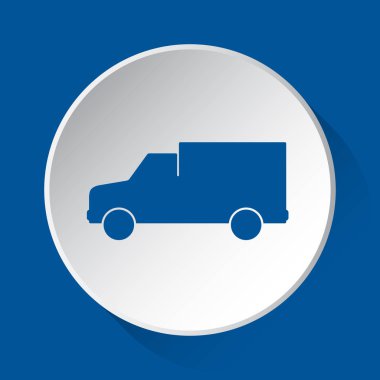 Van car - mavi simgesine basit: gölgeli mavi kare arka plan önünde beyaz düğmesi