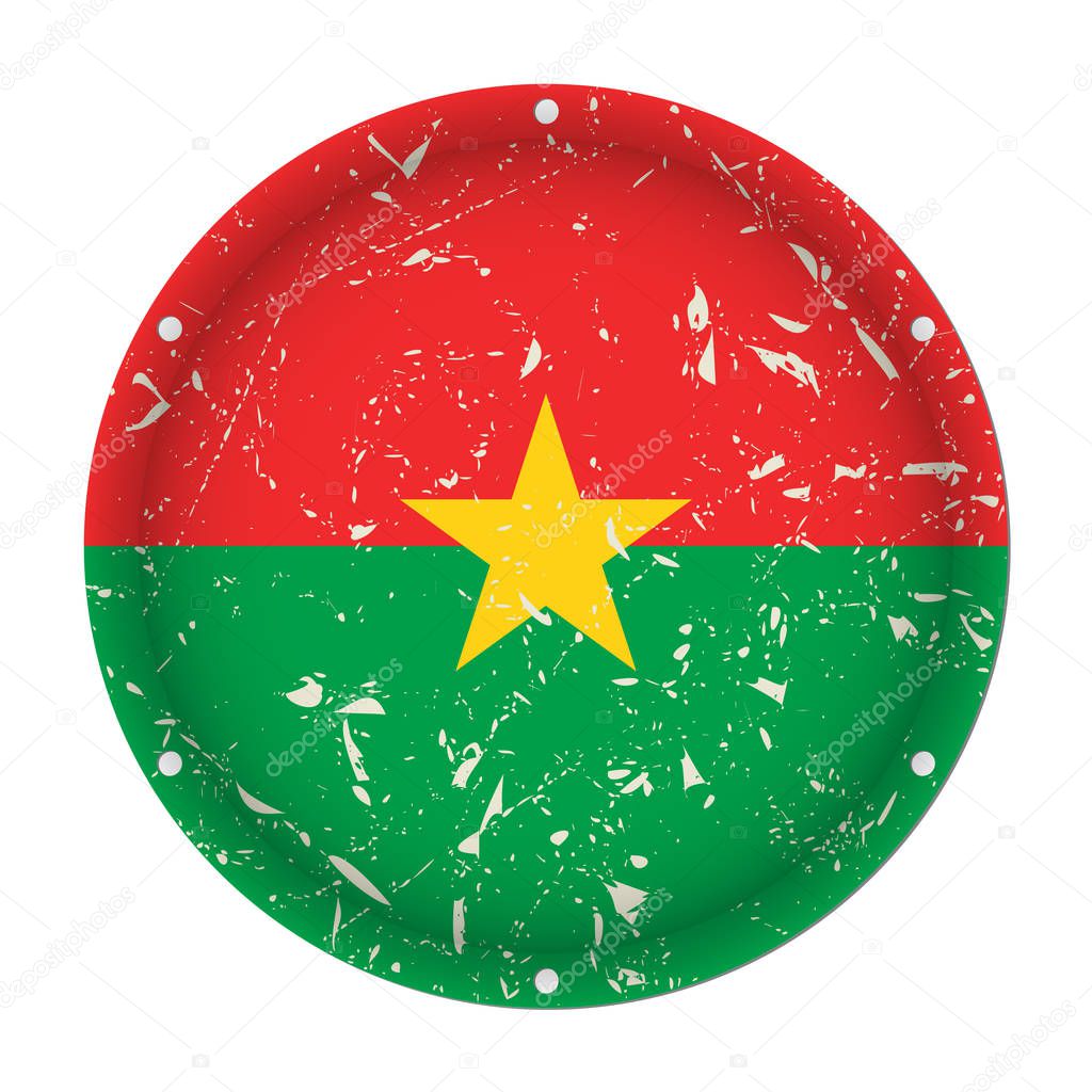 Burkina Faso - round metallic scratched flag with six screw holes in front of a white background