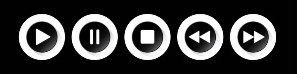 Fekete Fehér Kerek Zenelejátszást Vezérlő Gombok Beállítása Ikonok Val Árnyék — Stock Vector