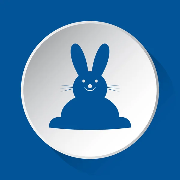 快乐微笑的兔子 前面的看法 简单的蓝色图标上的白色按钮与阴影在前面的蓝色正方形背景 — 图库矢量图片