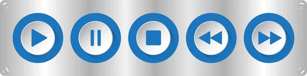 白色圆形音乐控制按钮设置 带圆角的金属板上的五个按钮 — 图库矢量图片