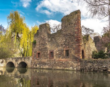 Adadaki eski kilisenin kalıntıları. Adadaki eski kilisenin kalıntıları. Bavyera, Aschaffenburg şehrinde bir şehir. 