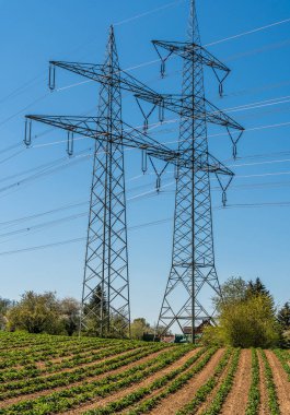 Bir alanda güç hatları olan yüksek voltajlı direkler. Şehre enerji sağlamak.