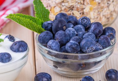 Taze meyveler ve doğal yoğurt. Kahvaltılık gevrek. Kahvaltıiçin Müsli. Sağlıklı yemek.