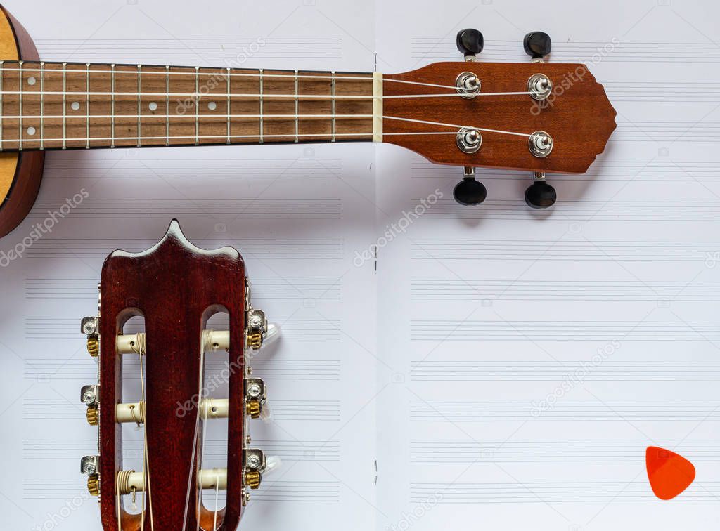 Guitar and ukulele. Wooden instruments. Acoustic guitar and Hawaiian guitar. Game learning. Caustic instruments. Neck and strings. Music notebook. Band. Classical music.