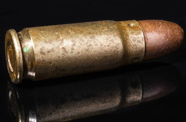 Pistol Bullet Metal Case Old Ammunition Cartridge Black Background Macro — Stock Photo, Image