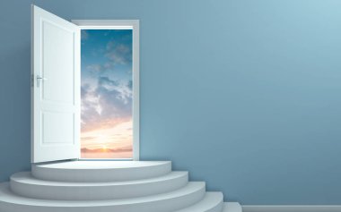Up the stairs and open the door. And see the nature behind the door. clipart