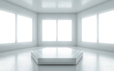 Podium in the middle of the empty room with window for presentation. 3d illustration clipart