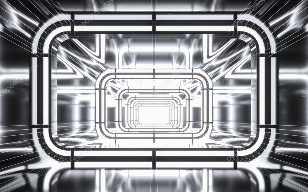 Illuminated corridor tunnel with light. 3d rendering