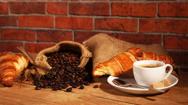 Coffee white cup and croissants — Stock Photo, Image