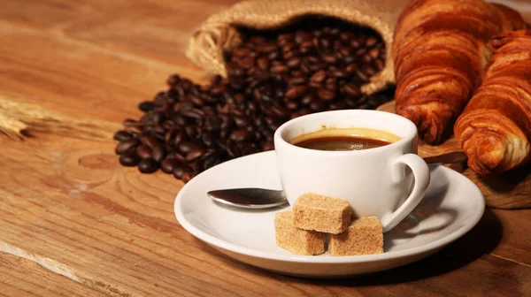 Coffee white cup and croissants — Stock Photo, Image