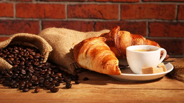 Coffee white cup and croissants — Stock Photo, Image