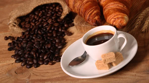 Coffee white cup and croissants — Stock Photo, Image