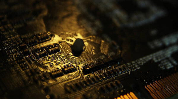 Close up of Electronic Circuits in Technology on Mainboard, system board or mobo. Computer motherboard, electronic components on circuits board, printed electronic board PCB