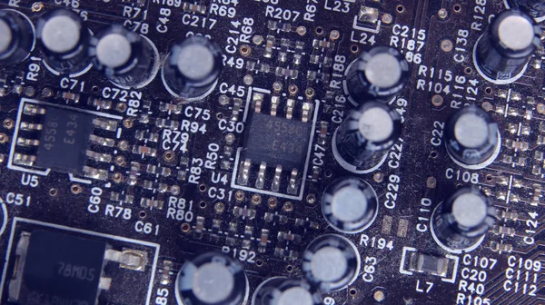 Close up of Electronic Circuits in Technology on Mainboard, system board or mobo. Computer motherboard, electronic components on circuits board, printed electronic board PCB — Stock Photo, Image