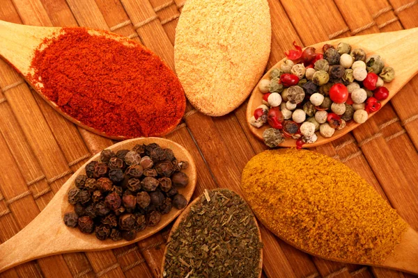 Grupp av indiska kryddor och örter skillnad ware i trä skedar på trä bakgrund med topp utsikt och kopiera utrymme för design livsmedel, grönsaker, kryddor, örter, hälsosam livsstil — Stockfoto
